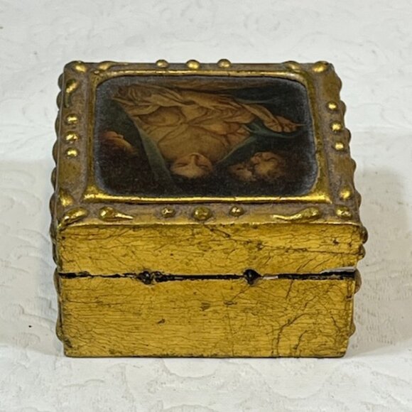 VTG Italian Florentine Mini Wooden Trinket Box Madonna & Child Hinged 2.5" - Picture 7 of 16